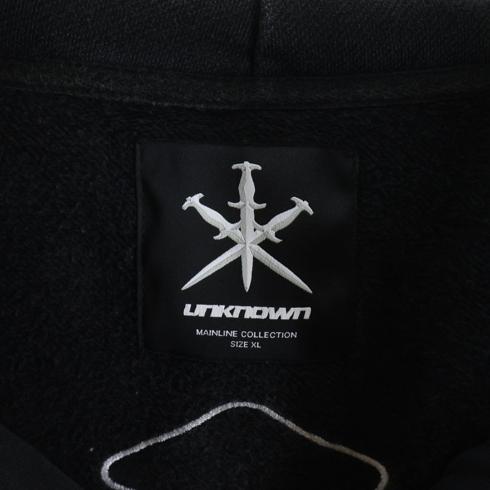 UNKNOWN LONDON(アンノーンロンドン) ロゴプリント フェード加工 スウェット ジップアップ パーカー ブラック