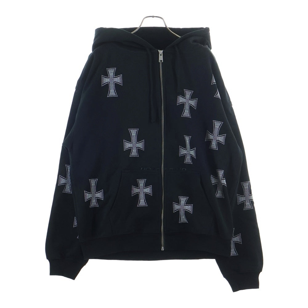 UNKNOWN LONDON(アンノーンロンドン) White Cross Rhinestone Zip Hoodie クロスラインストーン スウェット ジップアップ パーカー ブラック
