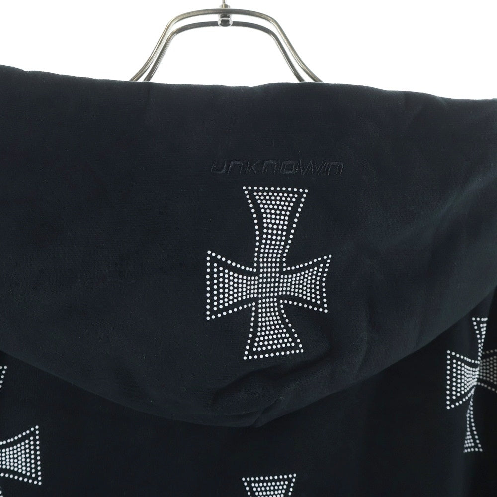 UNKNOWN LONDON(アンノーンロンドン) White Cross Rhinestone Zip Hoodie クロスラインストーン スウェット ジップアップ パーカー ブラック