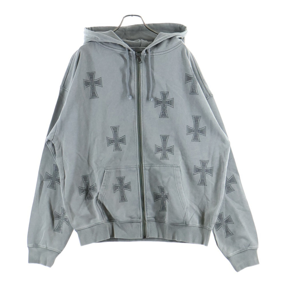 UNKNOWN LONDON(アンノーンロンドン) Wash Grey Black Cross Rhinestone Zip Hoodie クロスラインストーン スウェット ジップアップ パーカー グレー