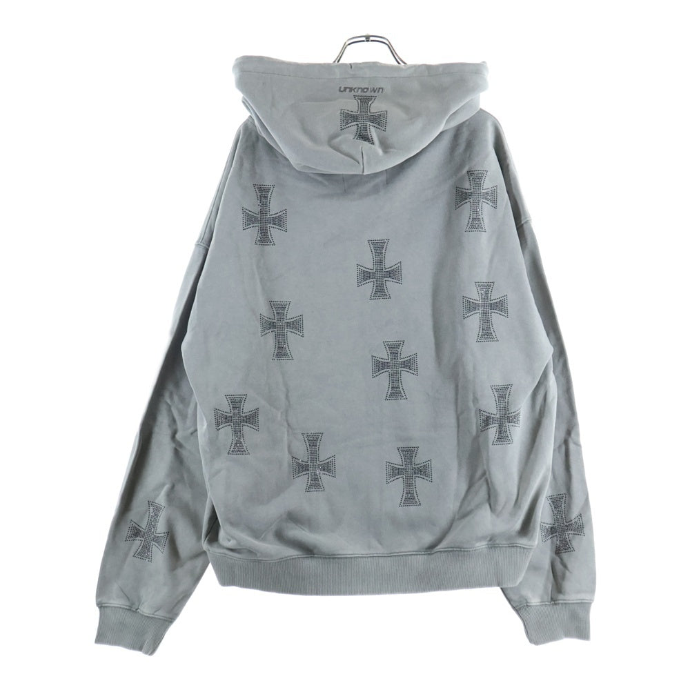 UNKNOWN LONDON(アンノーンロンドン) Wash Grey Black Cross Rhinestone Zip Hoodie クロスラインストーン スウェット ジップアップ パーカー グレー
