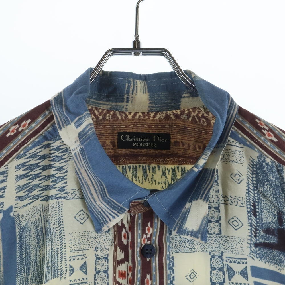 Christian Dior MONSIEUR(クリスチャンディオールムッシュ) 90S VINTAGE ヴィンテージ トライバル 総柄 レーヨン 長袖シャツ ホワイト/ブルー