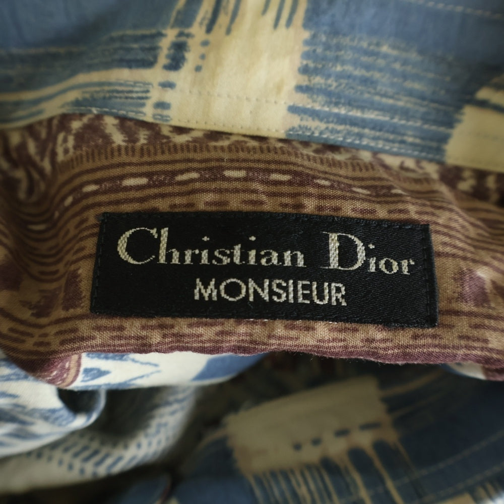 Christian Dior MONSIEUR(クリスチャンディオールムッシュ) 90S VINTAGE ヴィンテージ トライバル 総柄 レーヨン 長袖シャツ ホワイト/ブルー