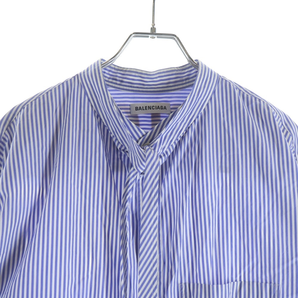 BALENCIAGA(バレンシアガ) 19SS バックロゴプリント ボウタイ ストライプ コットン 長袖シャツ ホワイト/ブルー 520497 レディース