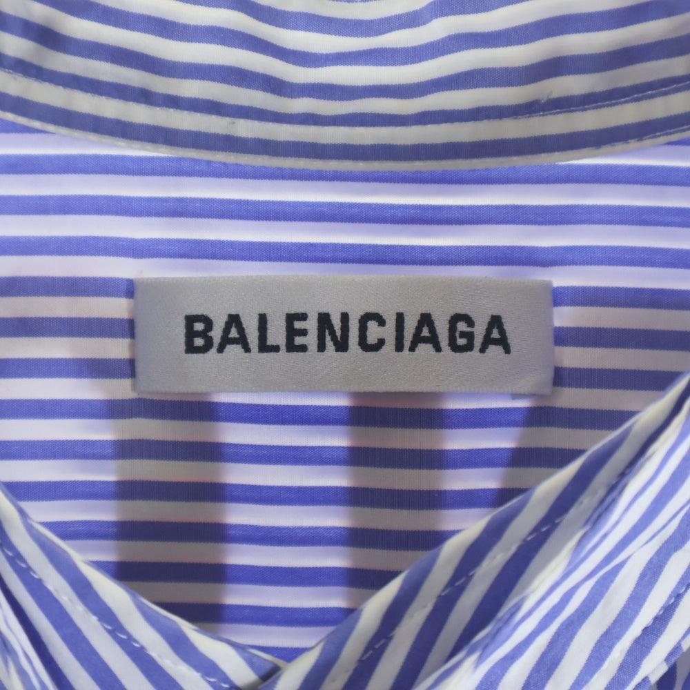 BALENCIAGA(バレンシアガ) 19SS バックロゴプリント ボウタイ ストライプ コットン 長袖シャツ ホワイト/ブルー 520497 レディース