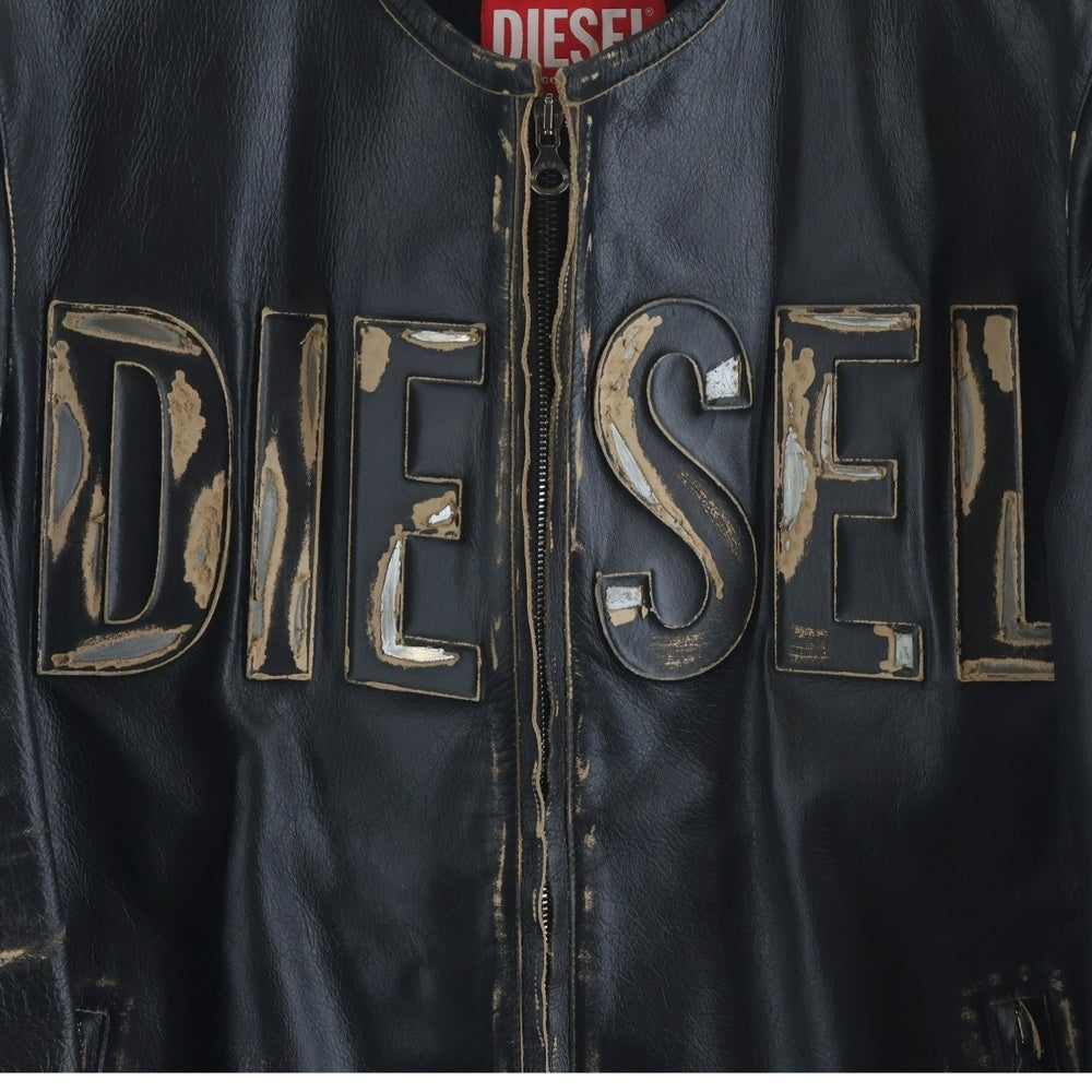 DIESEL(ディーゼル) 23AW L-MET フロントロゴ ダメージ加工 レザー シングルライダースジャケット ブラック/ブラウン A11700