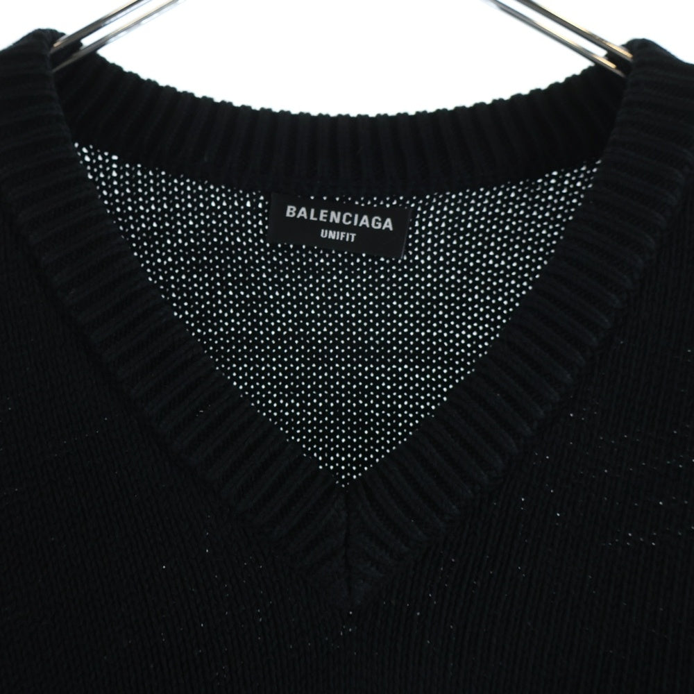 BALENCIAGA(バレンシアガ) Braided Knit V-Neck Sweater ブレイドニット Vネック ロゴ刺繍 バックプリント コットン ニット セーター ブラック 662727 T3214