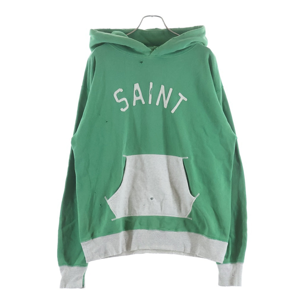 SAINT MICHAEL(セントマイケル) 22SS HOODIE FELT USED加工 フェルトロゴパーカー ダメージ加工 プルオーバースウェットパーカー グリーン SM-S22-0000-041