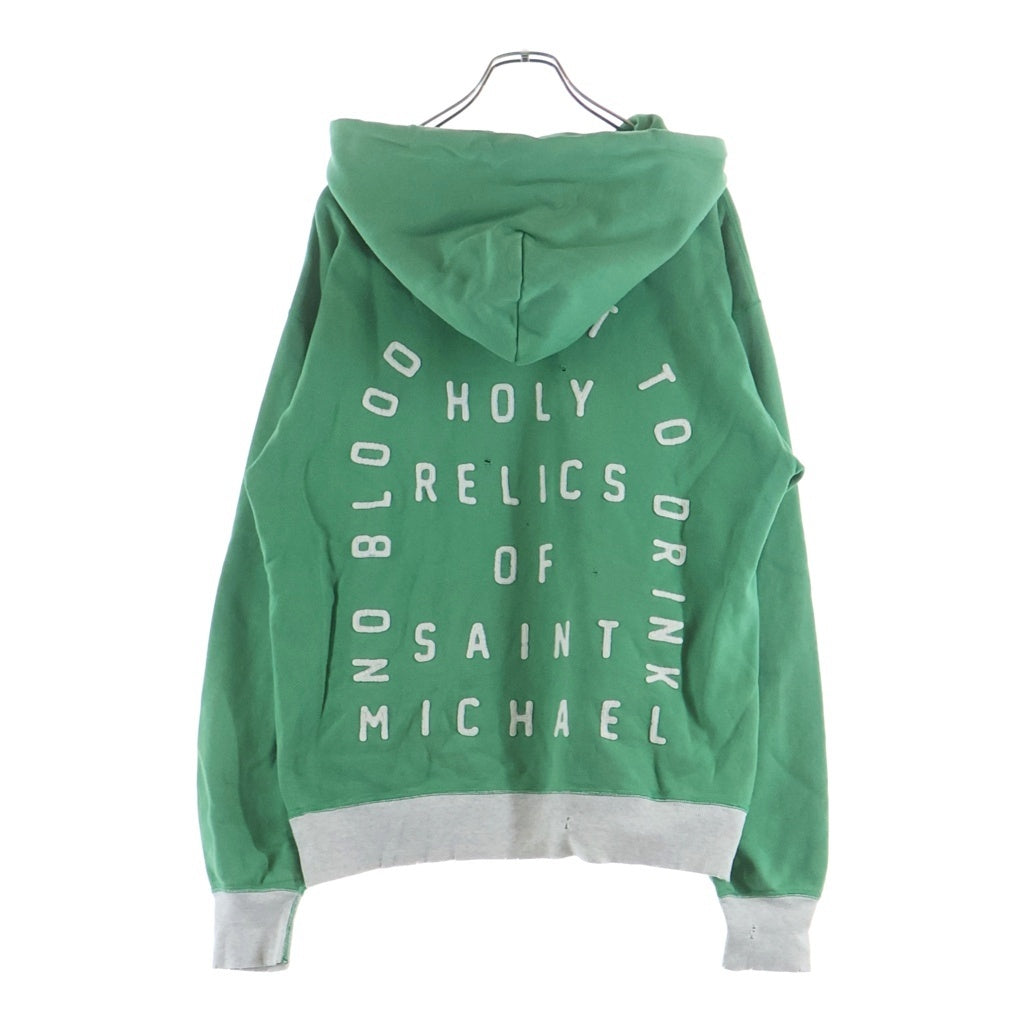 SAINT MICHAEL(セントマイケル) 22SS HOODIE FELT USED加工 フェルトロゴパーカー ダメージ加工 プルオーバースウェットパーカー グリーン SM-S22-0000-041