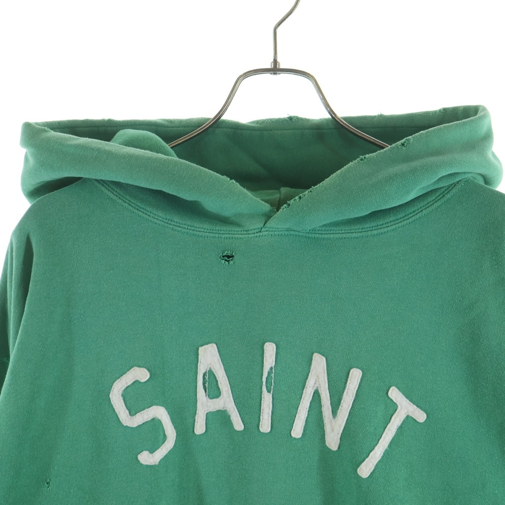 SAINT MICHAEL(セントマイケル) 22SS HOODIE FELT USED加工 フェルトロゴパーカー ダメージ加工 プルオーバースウェットパーカー グリーン SM-S22-0000-041