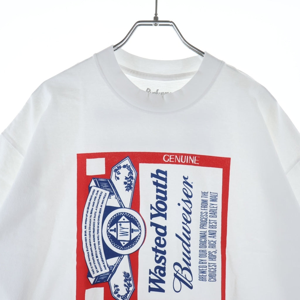 WASTED YOUTH(ウェイステッドユース) ×Budweiser Tee バドワイザー プリント クルーネック 半袖Tシャツ カットソー ホワイト