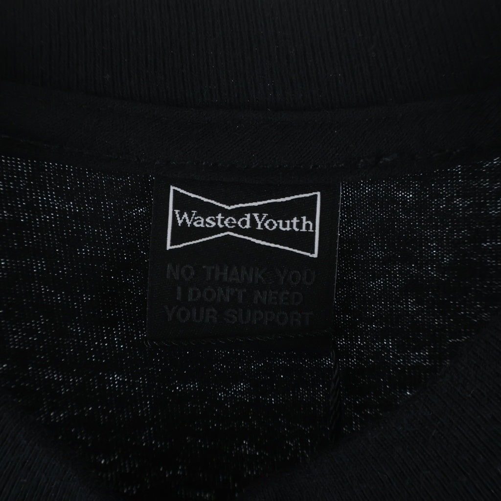 WASTED YOUTH(ウェイステッドユース) POTR TEE フラワー ロゴプリント クルーネック 半袖Tシャツ カットソー ブラック