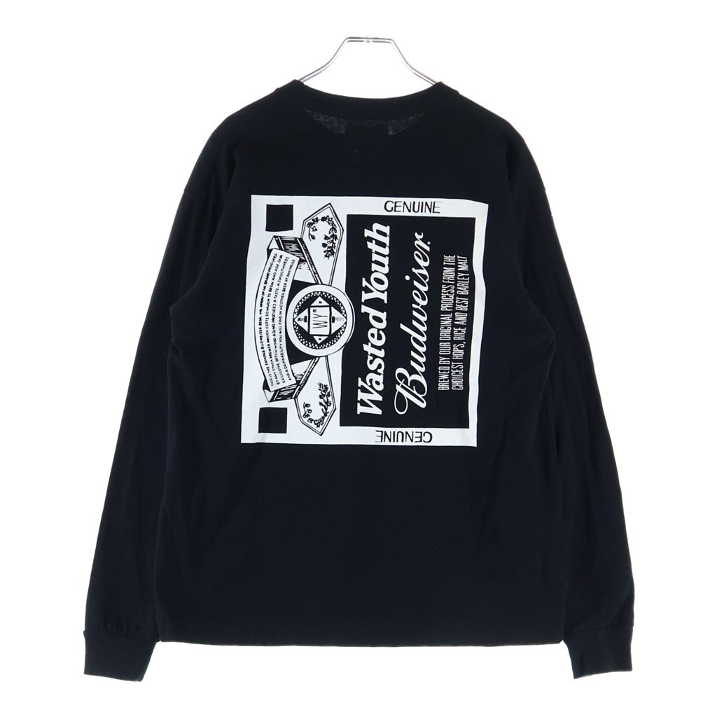 WASTED YOUTH(ウェイステッドユース) 23SS ×Budweiser LS Tee バドワイザー ロゴプリント クルーネック 長袖Tシャツ カットソー ブラック
