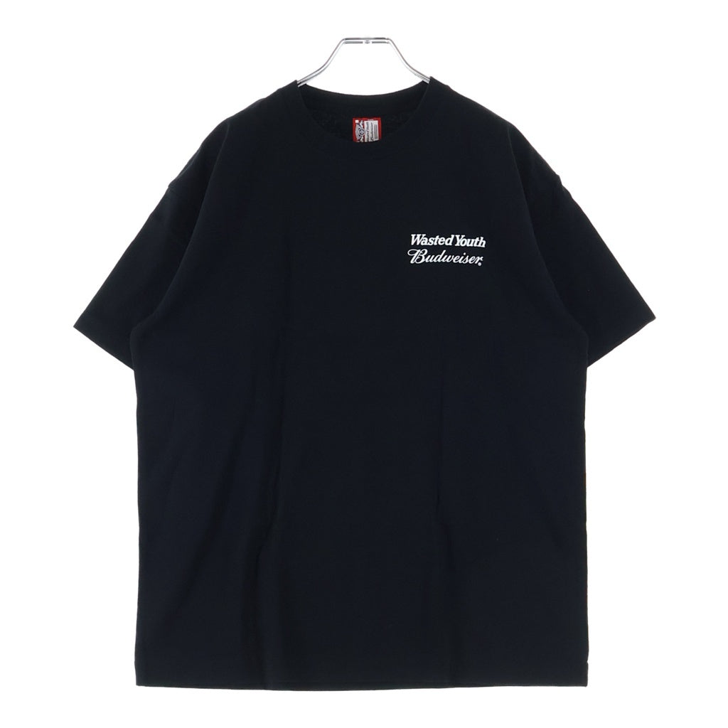WASTED YOUTH(ウェイステッドユース) ×Budweiser T-Shirts バドワイザー ロゴプリント クルーネック 半袖Tシャツ カットソー ブラック