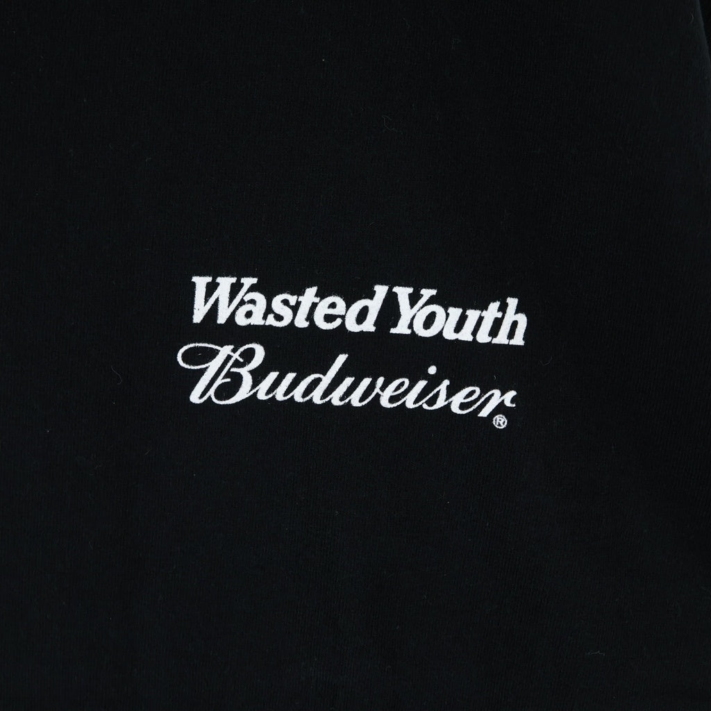 WASTED YOUTH(ウェイステッドユース) ×Budweiser T-Shirts バドワイザー ロゴプリント クルーネック 半袖Tシャツ カットソー ブラック