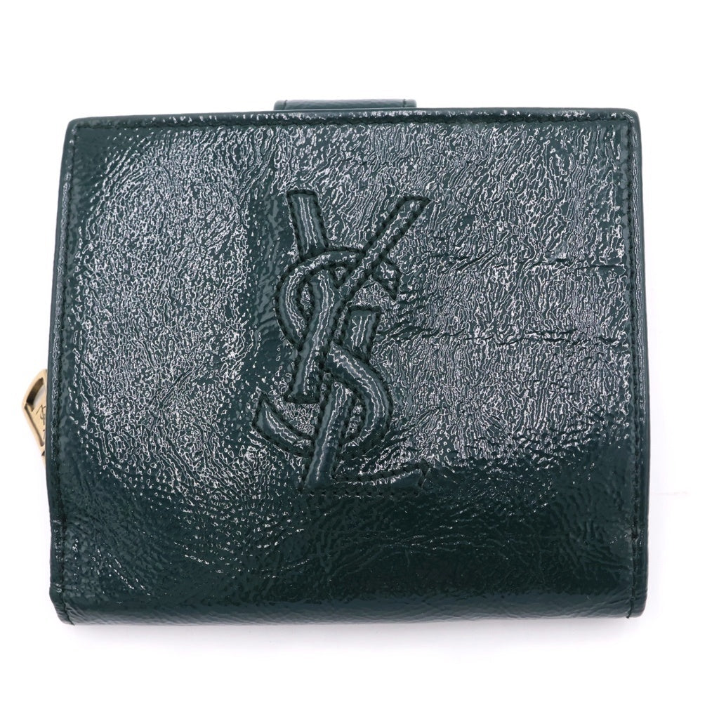 YVES SAINT LAURENT(イヴサンローラン) パテント 二つ折り財布 コンパクトウォレット グリーン レディース