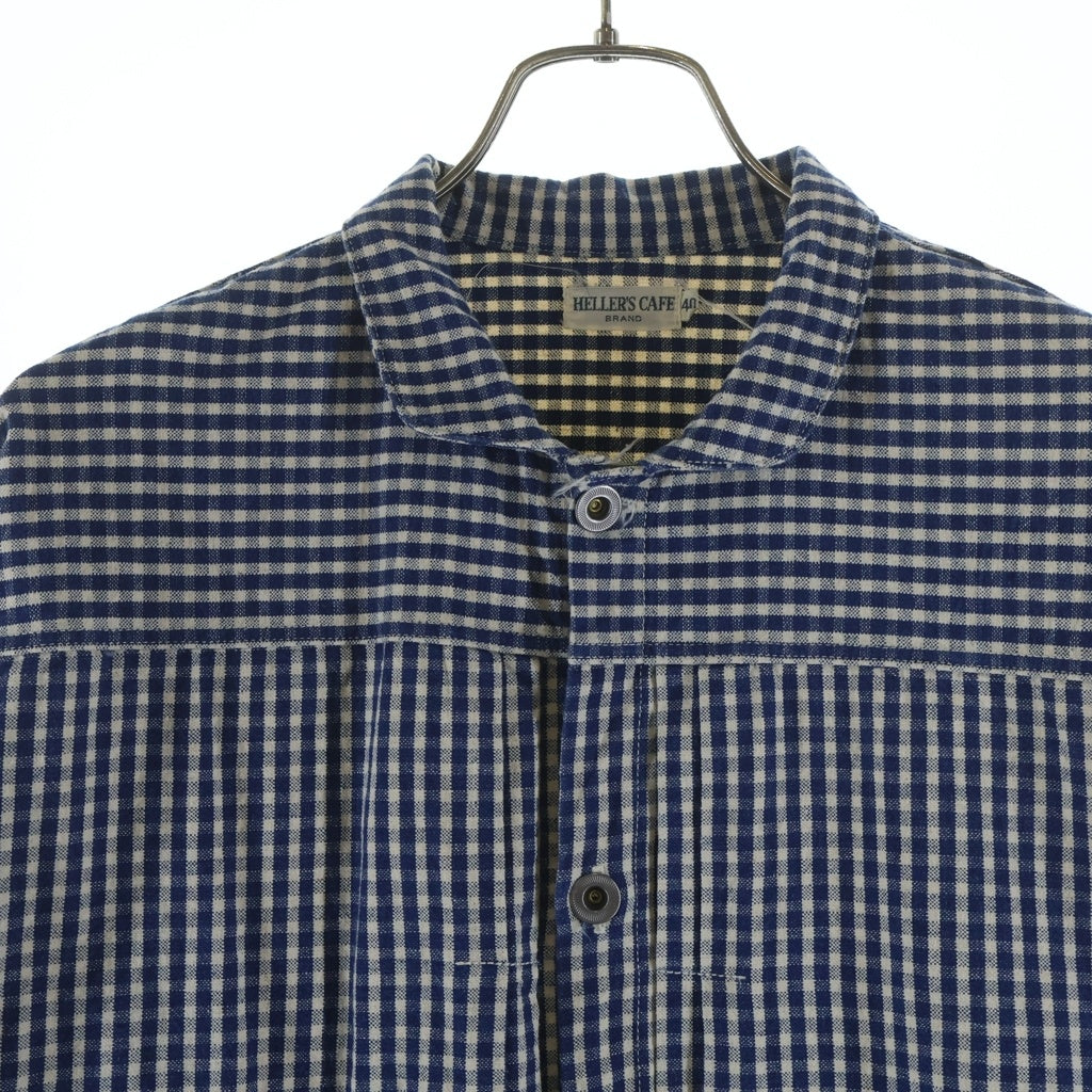 HELLER'S CAFE(ヘラーズカフェ) INDIGO CHECK ROUND COLLAR JACKET インディゴ チェック ラウンド カラー ジャケット ブルー