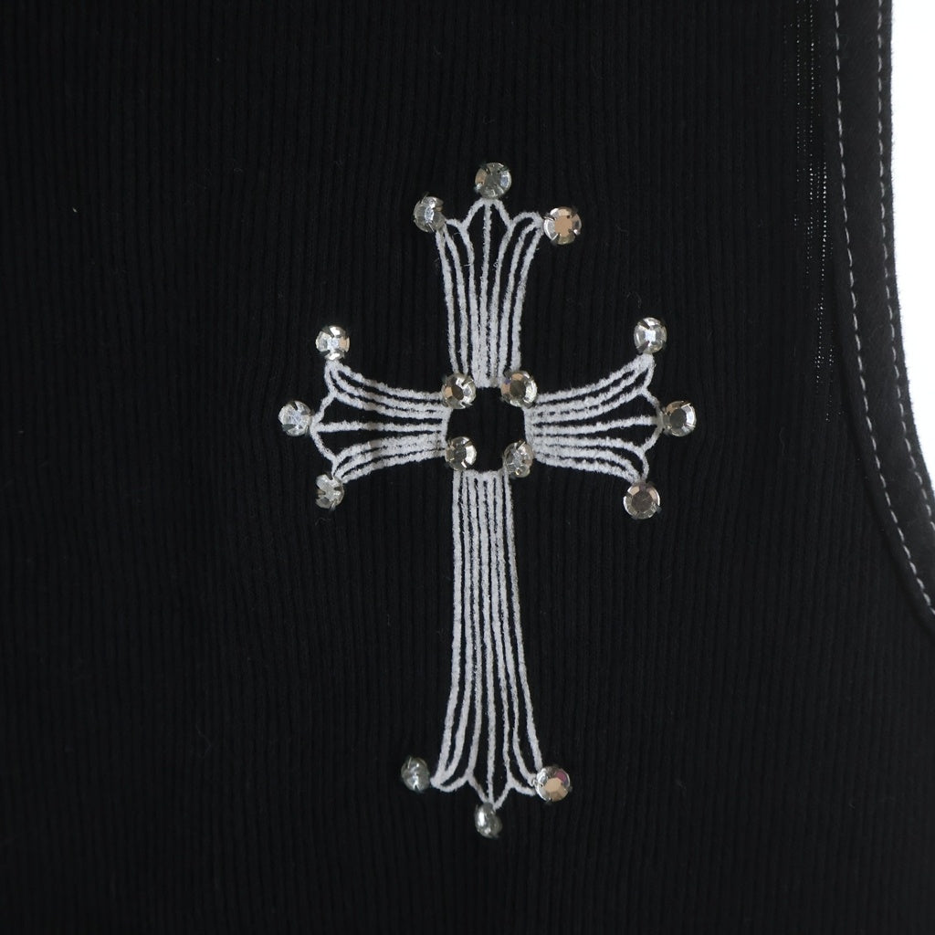 CHROME HEARTS(クロムハーツ) OLD オールド ラージCHクロスプリント ラインストーン 装飾 タンクトップ ノースリーブカットソー ブラック