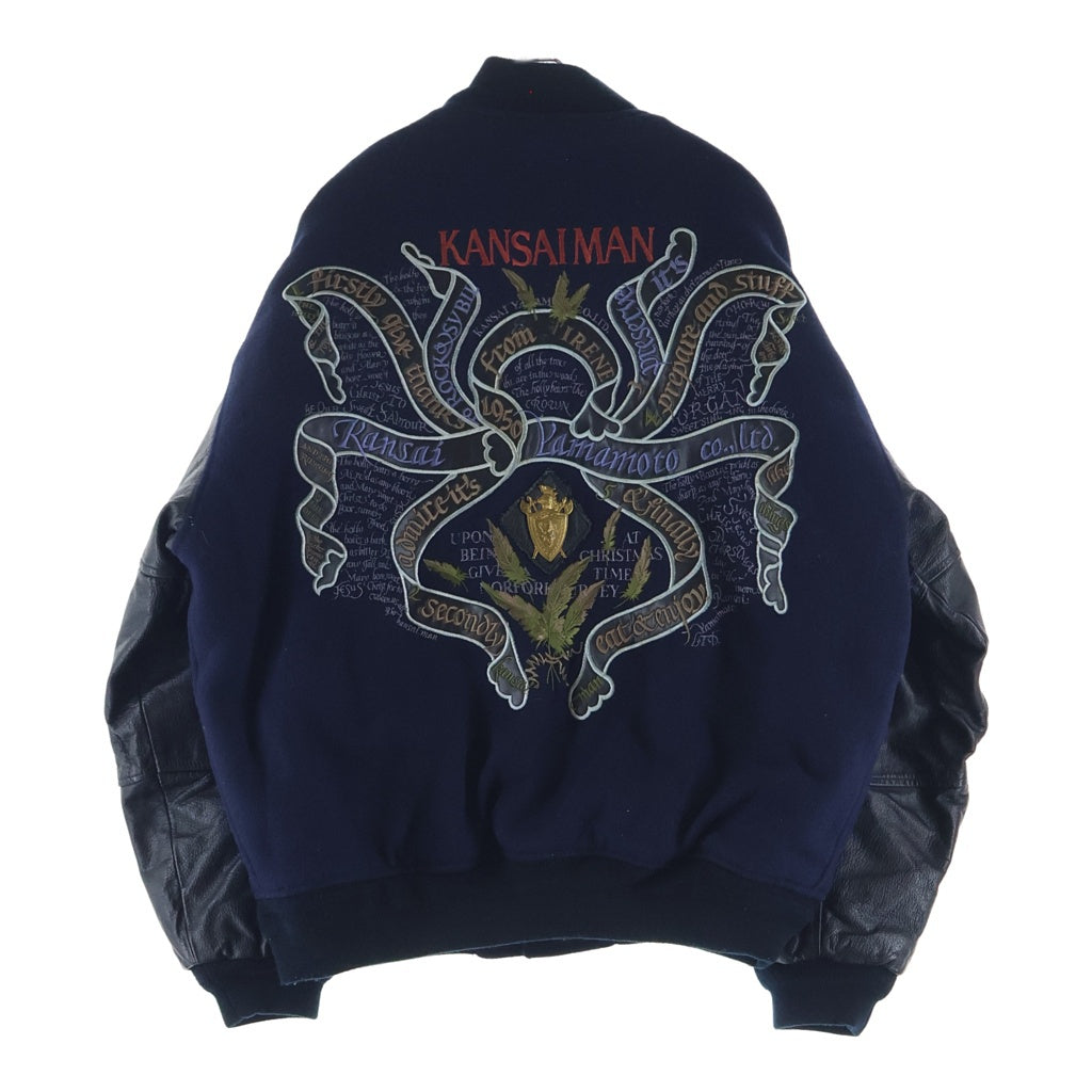 NO BRAND(ノーブランド) KANSAIMAN（カンサイマン）山本寛斎 90S 袖レザー ウール 刺繍 スタジャン ジャケット ブルゾン ブラック/ネイビー