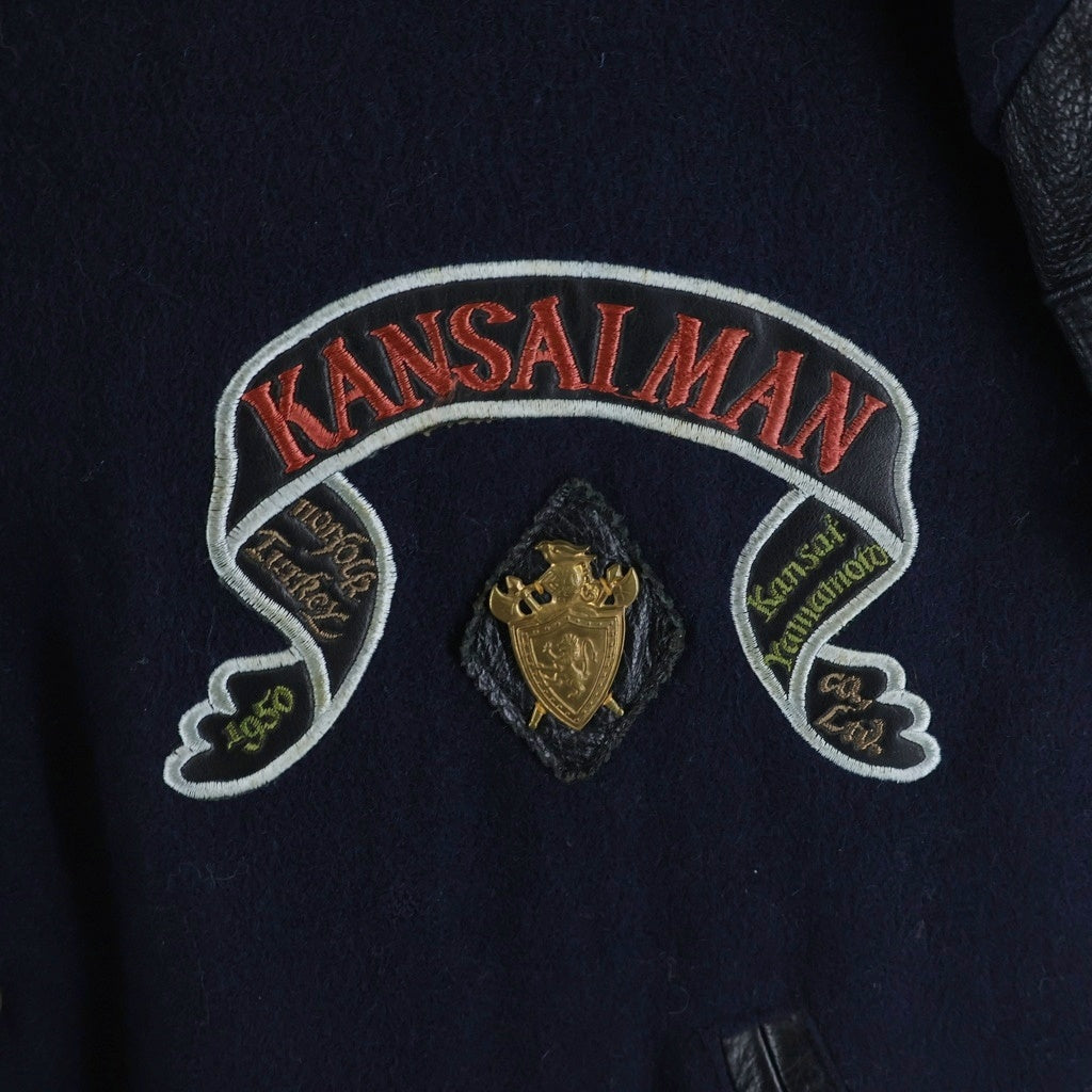 NO BRAND(ノーブランド) KANSAIMAN（カンサイマン）山本寛斎 90S 袖レザー ウール 刺繍 スタジャン ジャケット ブルゾン ブラック/ネイビー