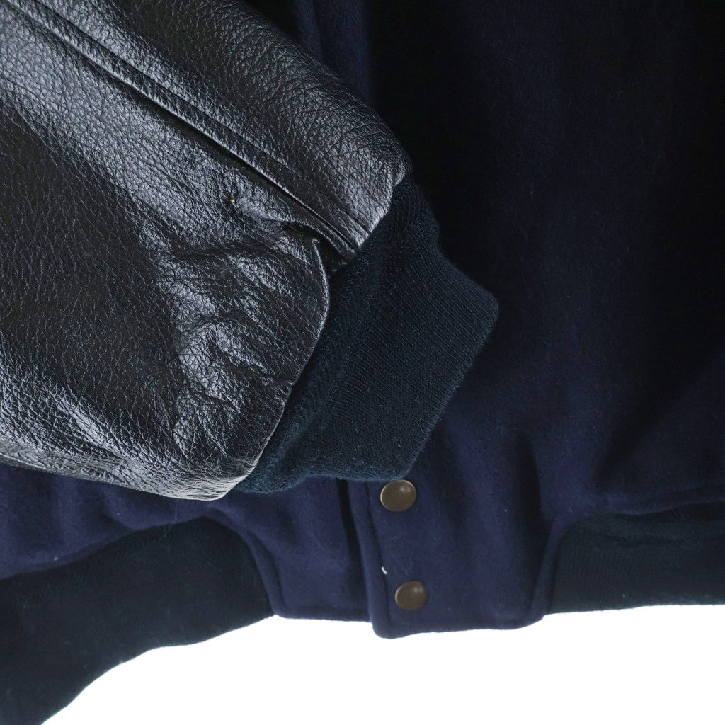 NO BRAND(ノーブランド) KANSAIMAN（カンサイマン）山本寛斎 90S 袖レザー ウール 刺繍 スタジャン ジャケット ブルゾン ブラック/ネイビー