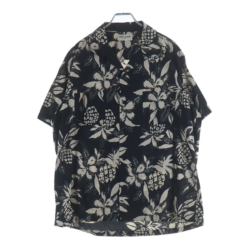 SAINT LAURENT PARIS(サンローランパリ) 17SS ハイビスカスパイナップル総柄 オープンカラー 半袖シャツ ブラック 415167 Y316P