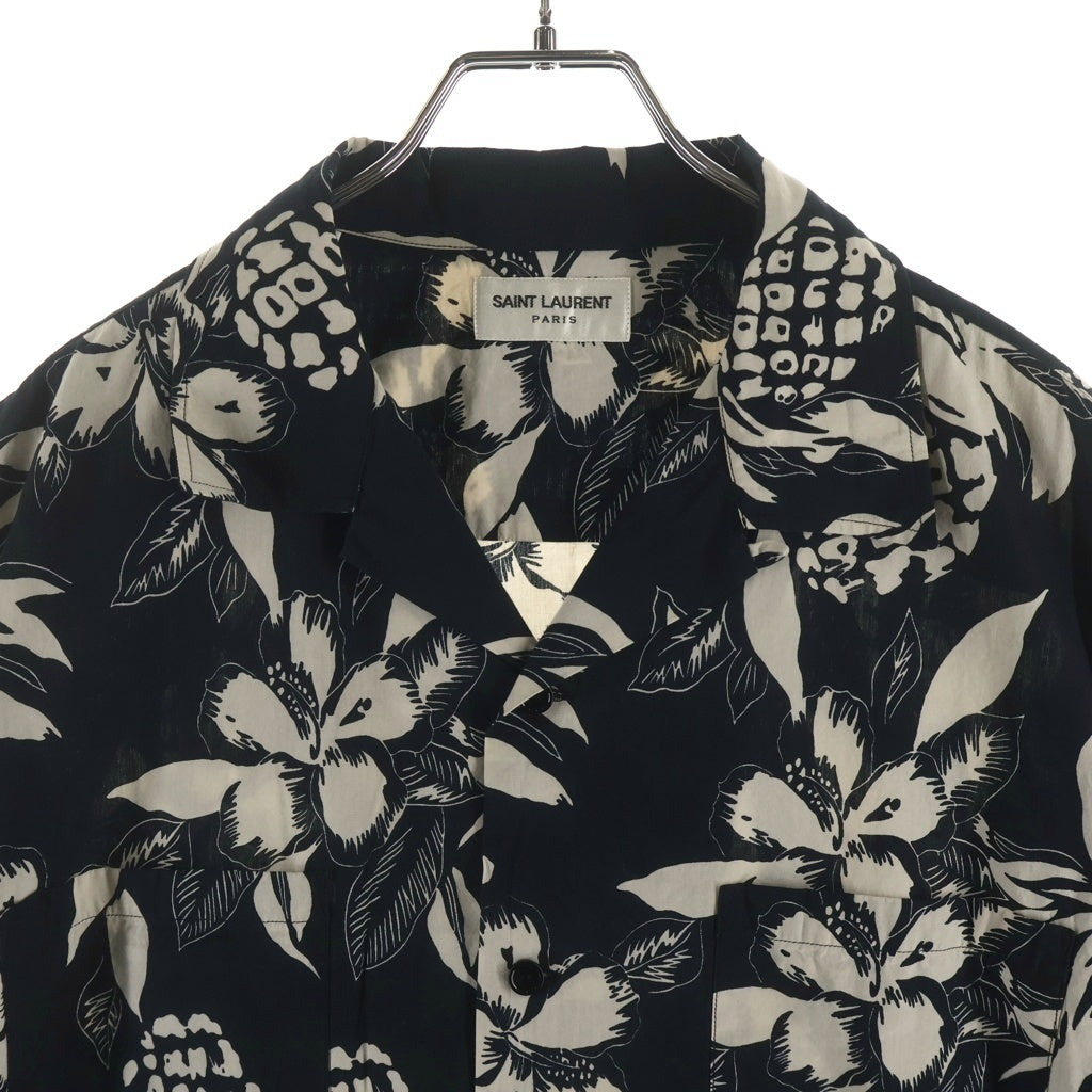 SAINT LAURENT PARIS(サンローランパリ) 17SS ハイビスカスパイナップル総柄 オープンカラー 半袖シャツ ブラック 415167 Y316P