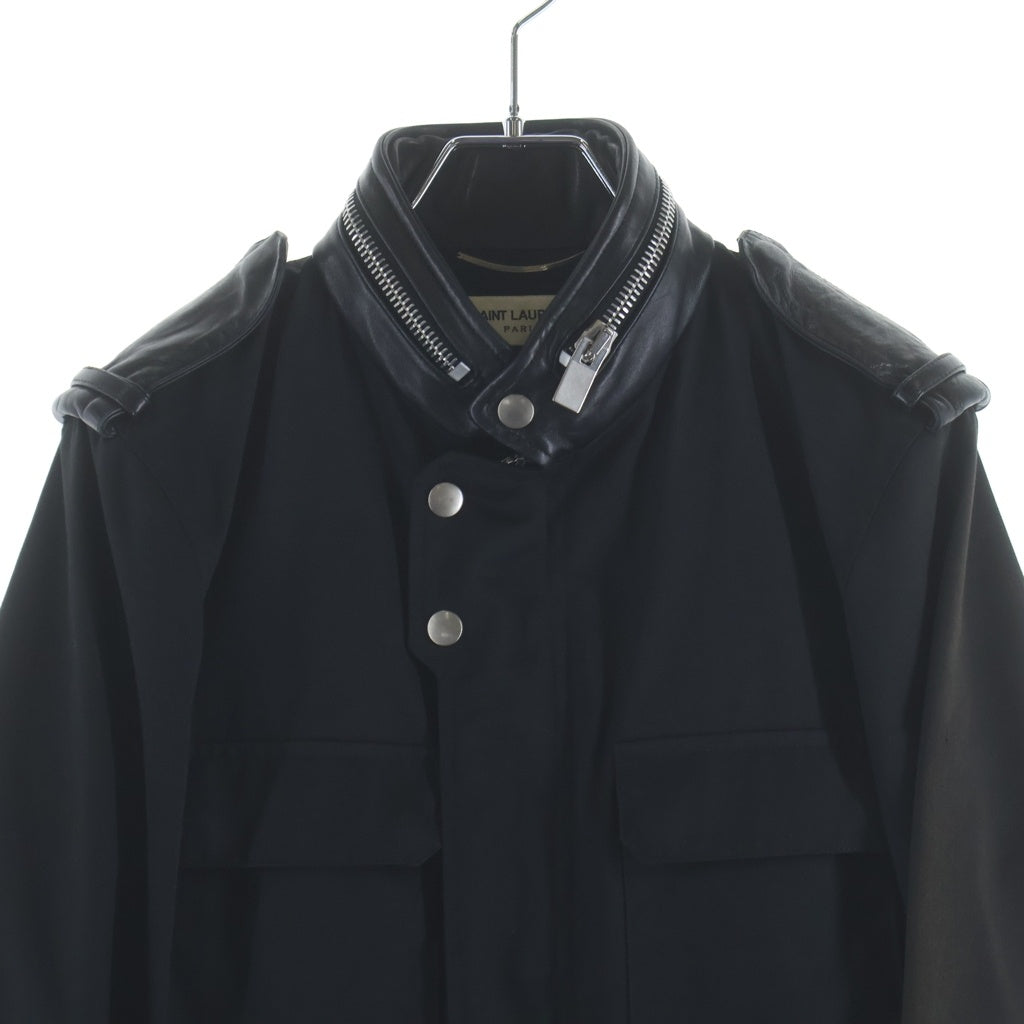SAINT LAURENT PARIS(サンローランパリ) ラムレザー コットン切り替え ミリタリージャケット ブルゾン ブラック 314596