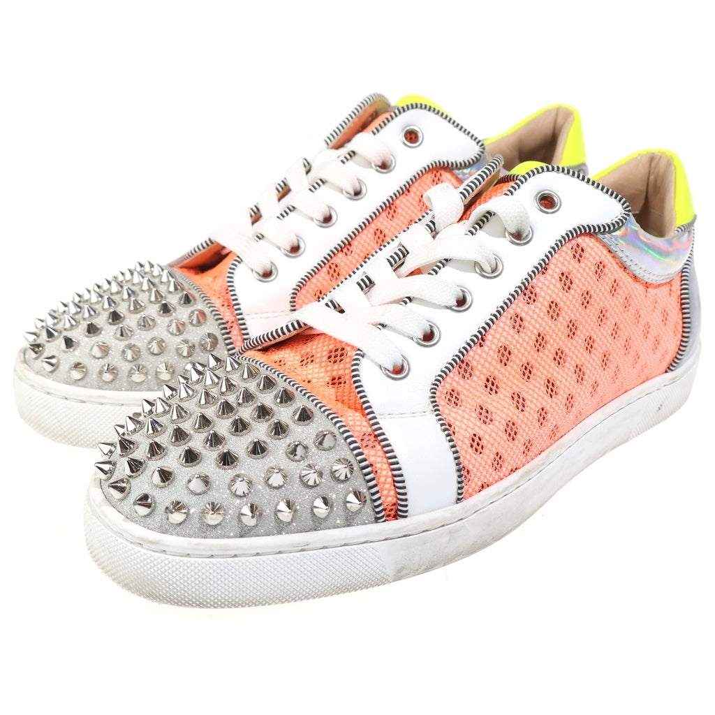 CHRISTIAN LOUBOUTIN(クリスチャンルブタン) AC SEAVASTE SPIKES FLAT GLIT グリッター スタッズ レザー ローカットスニーカー シルバー/オレンジ