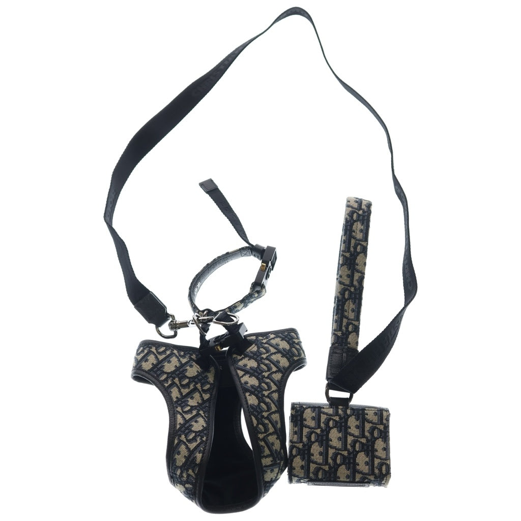 Christian Dior(クリスチャンディオール) ペットリーシュ ドッグ リード オブリーク ジャガード ポーチ付き 犬用 ハーネス グレー/ネイビー 4602RUYKY_H27E