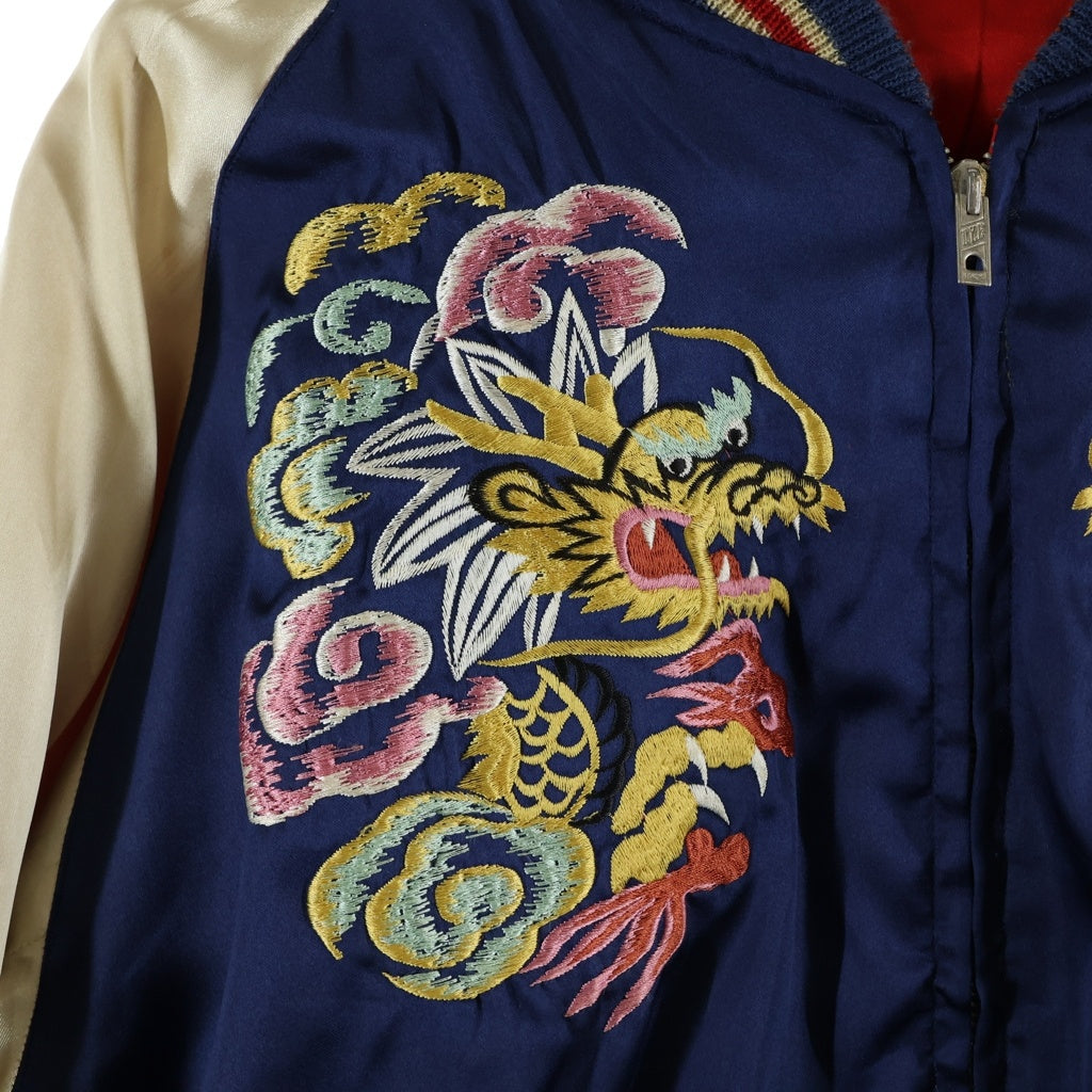 東洋エンタープライズ(トウヨウエンタープライズ) ヨーロッパ輸出限定 龍 富士山 刺繍 サテン リバーシブル スカジャン ジャケット ブルゾン ブルー/レッド TT10577