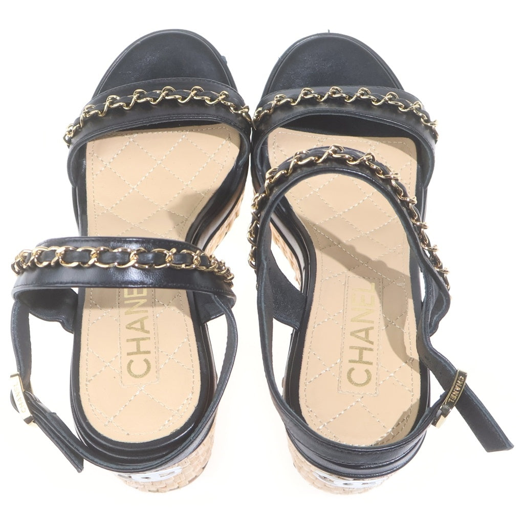 CHANEL(シャネル) ココマーク チェーン装飾 ウエッジソール サンダル ブラック/ベージュ レディース