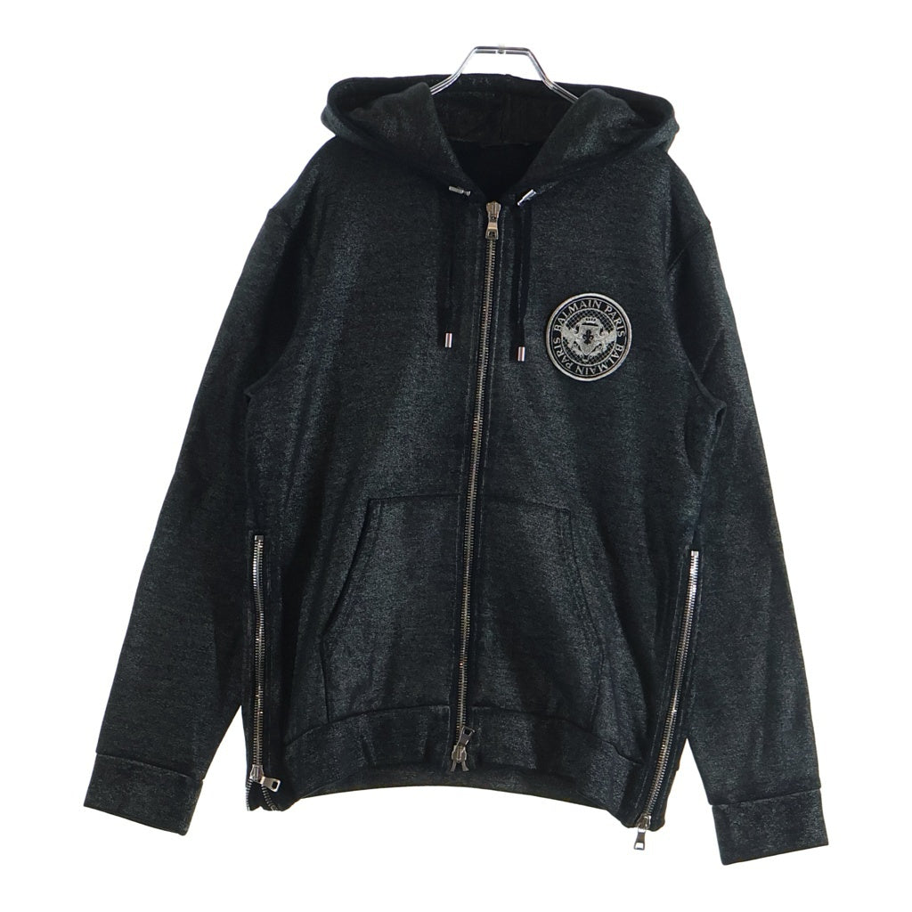 BALMAIN(バルマン) ロゴワッペン サイドジップ ラメ加工 スウェットジップパーカー ブラック W8H6643J190B