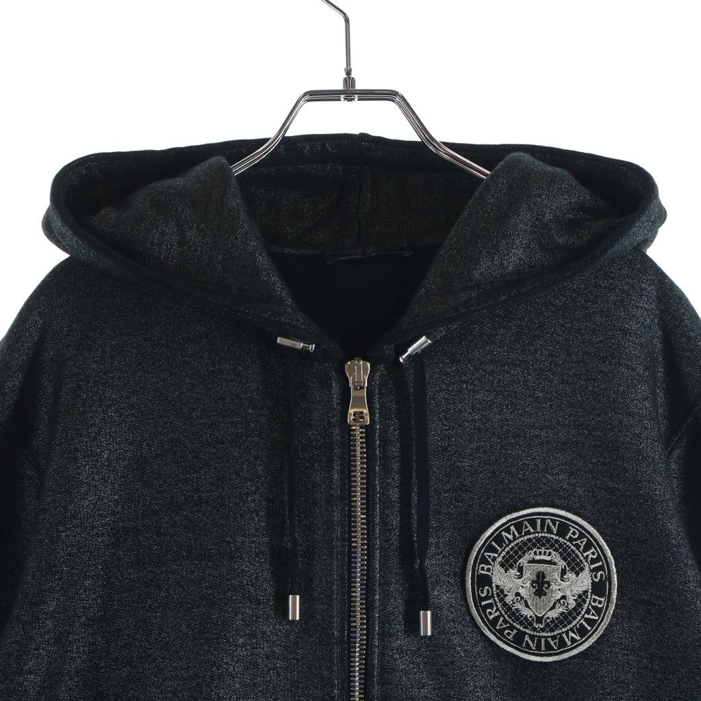 BALMAIN(バルマン) ロゴワッペン サイドジップ ラメ加工 スウェットジップパーカー ブラック W8H6643J190B