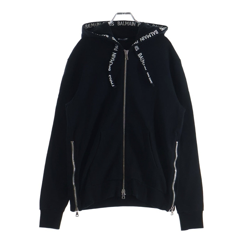 BALMAIN(バルマン) テープ ロゴドローコード サイドジップ スウェットジップパーカー ブラック RH03843J928
