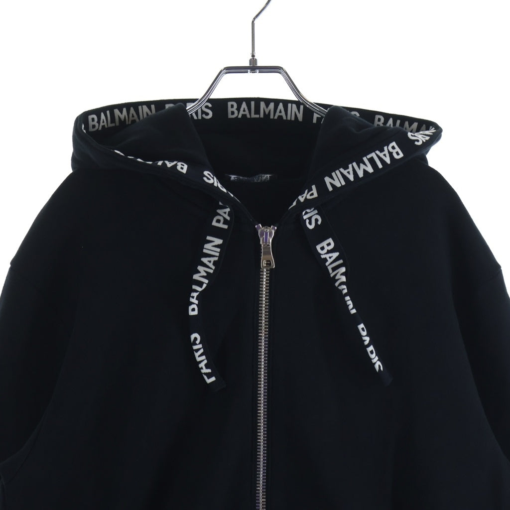 BALMAIN(バルマン) テープ ロゴドローコード サイドジップ スウェットジップパーカー ブラック RH03843J928