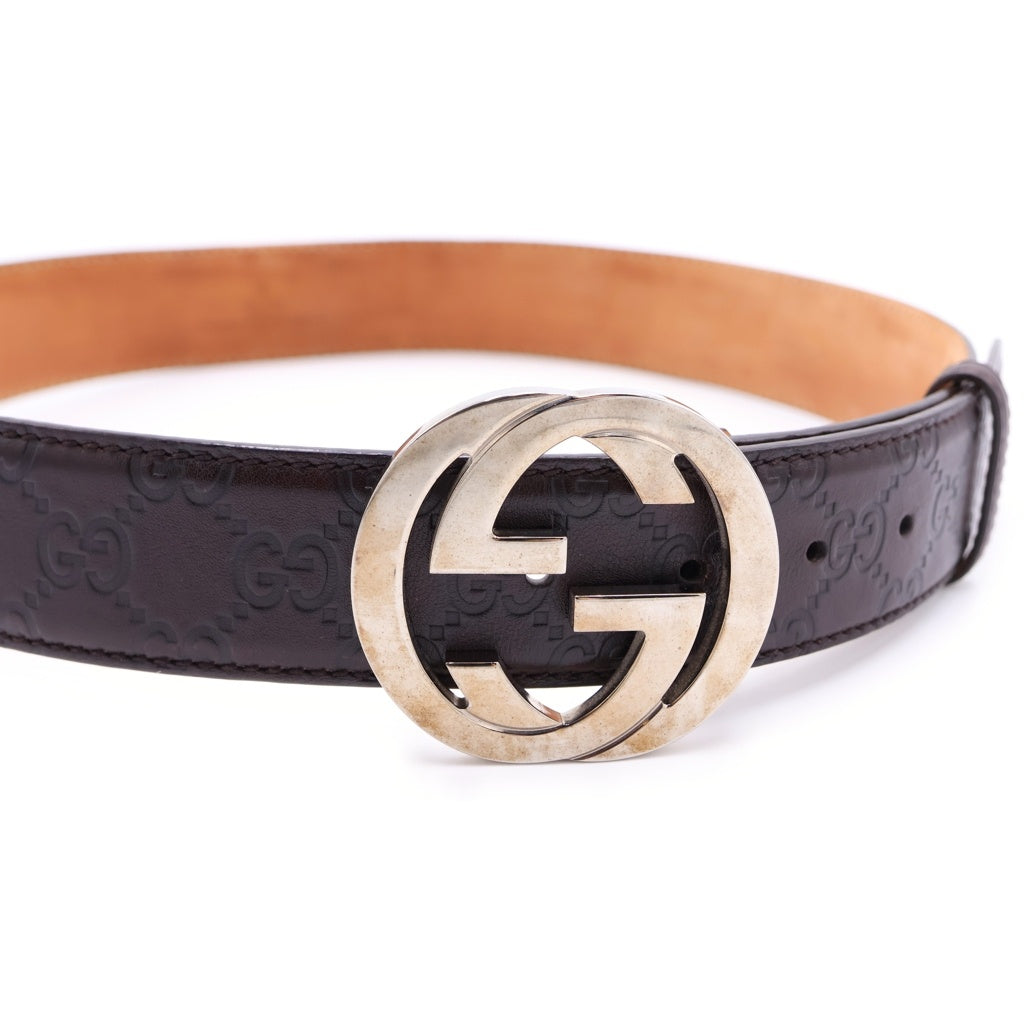 GUCCI(グッチ) インターロッキングGG バックル レザーシマデザイン ベルト ブラウン 114984-525040