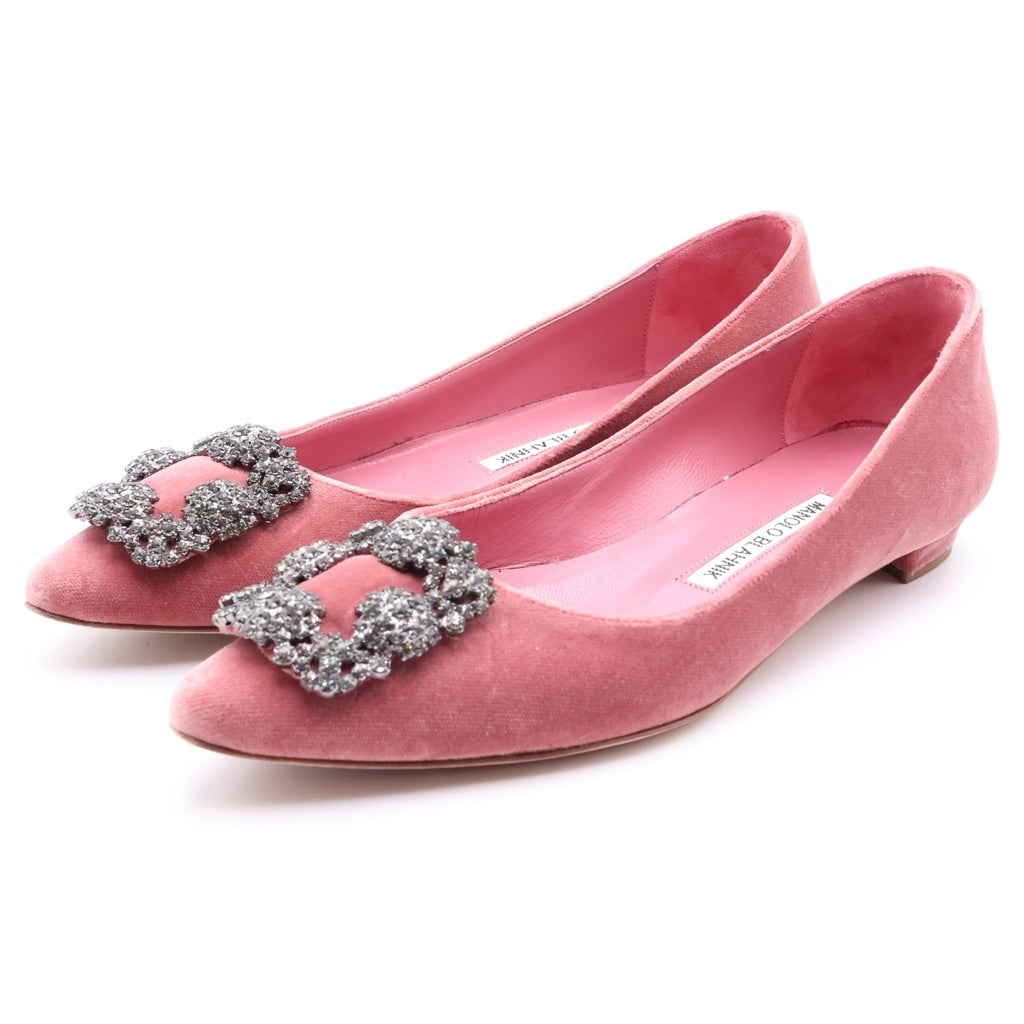 MANOLO BLAHNIK(マノロブラニク) ハンギシ ベロア ビジュー装飾 ポインテッドトゥ フラット パンプス ピンク レディース