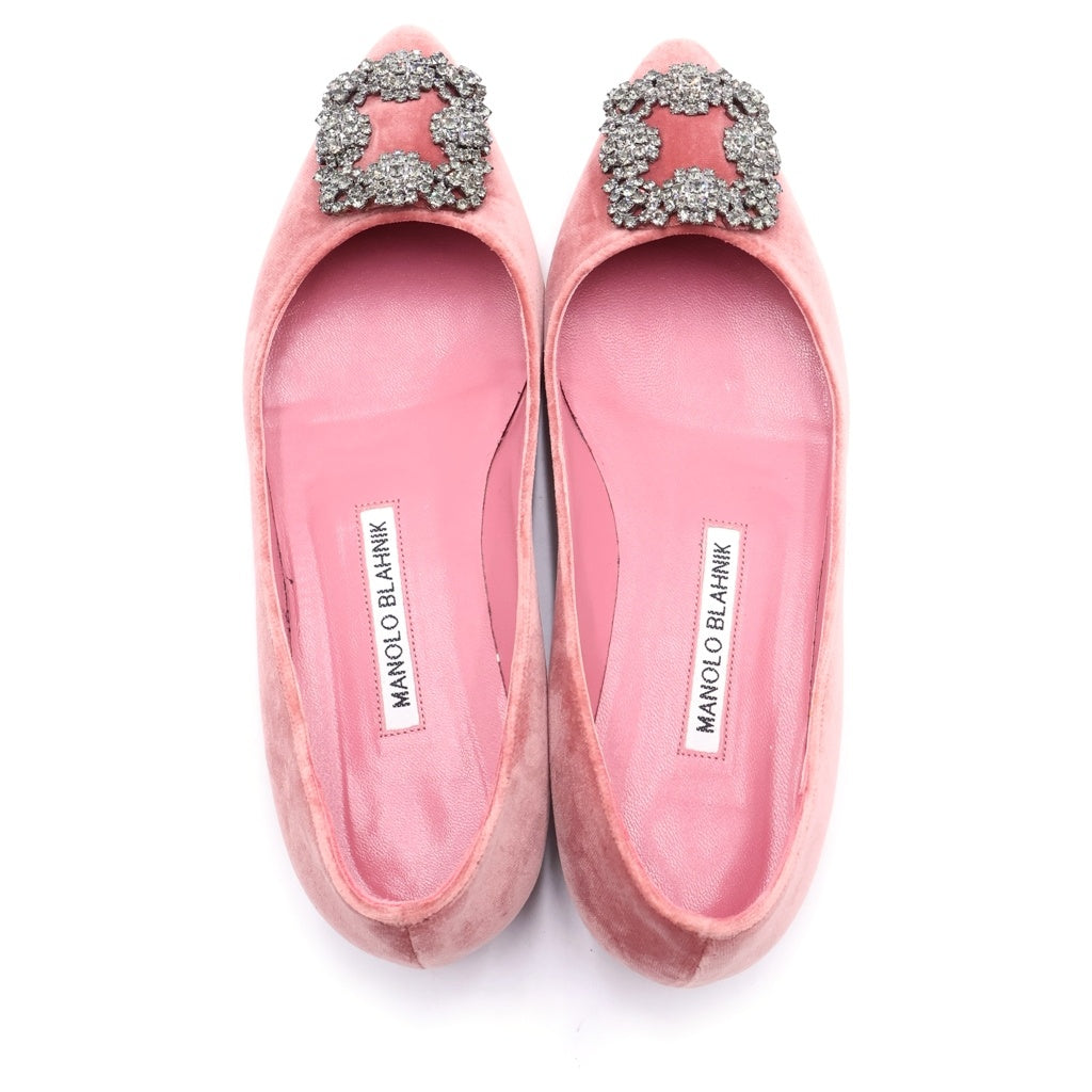 MANOLO BLAHNIK(マノロブラニク) ハンギシ ベロア ビジュー装飾 ポインテッドトゥ フラット パンプス ピンク レディース