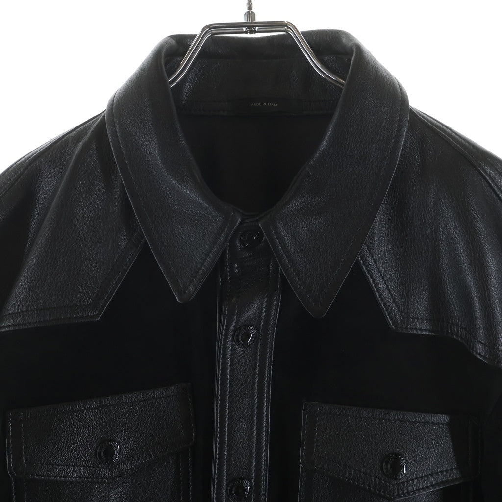 TOM FORD(トムフォード) SOFT SUEDE CONTRAST WESTERN SHIRT カーフスキン レザー スエード ボタンダウン ウエスタン シャツ ジャケット ブラック LJS006 LMS005S23