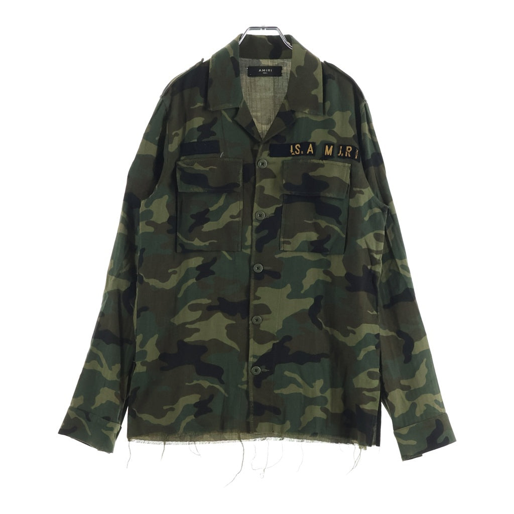 AMIRI(アミリ) カシミヤ混 カットオフ パッチ オープンカラー ミリタリー 長袖シャツ カーキ