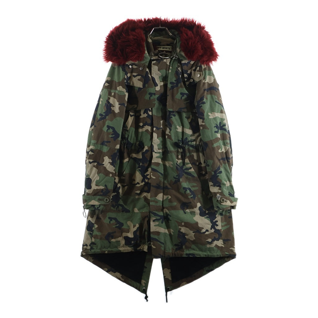 OFF-WHITE(オフホワイト) ファー付き カモ柄 リップストップ ミリタリー モッズコート カーキ