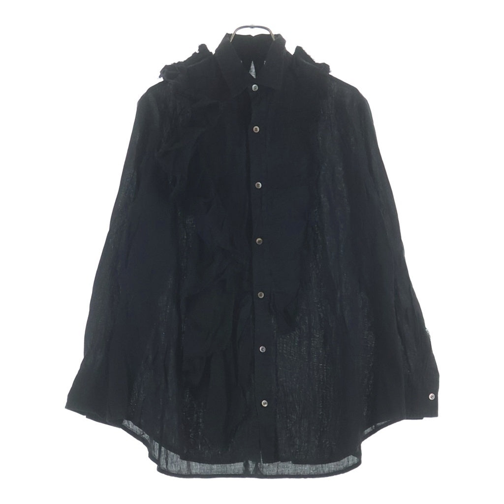 Yohji Yamamoto(ヨウジヤマモト) アシンメトリーフリル プリーツ コットン リネン 長袖シャツ ブラック FB-B07-046 レディース