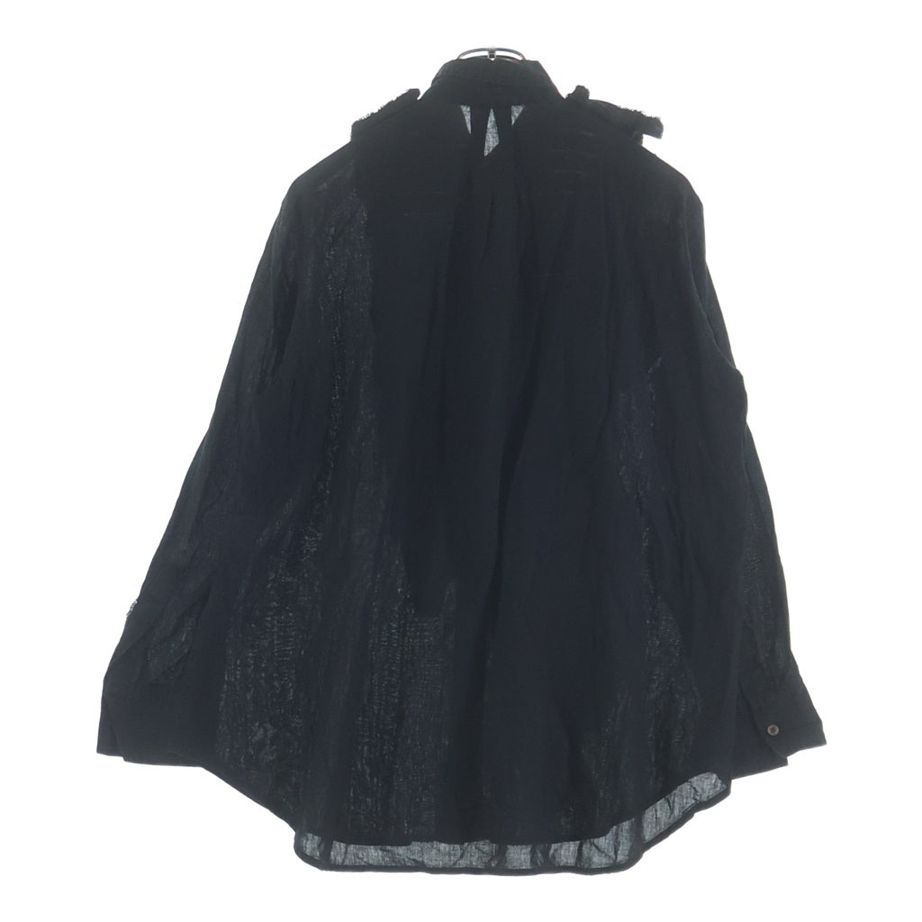 Yohji Yamamoto(ヨウジヤマモト) アシンメトリーフリル プリーツ コットン リネン 長袖シャツ ブラック FB-B07-046 レディース