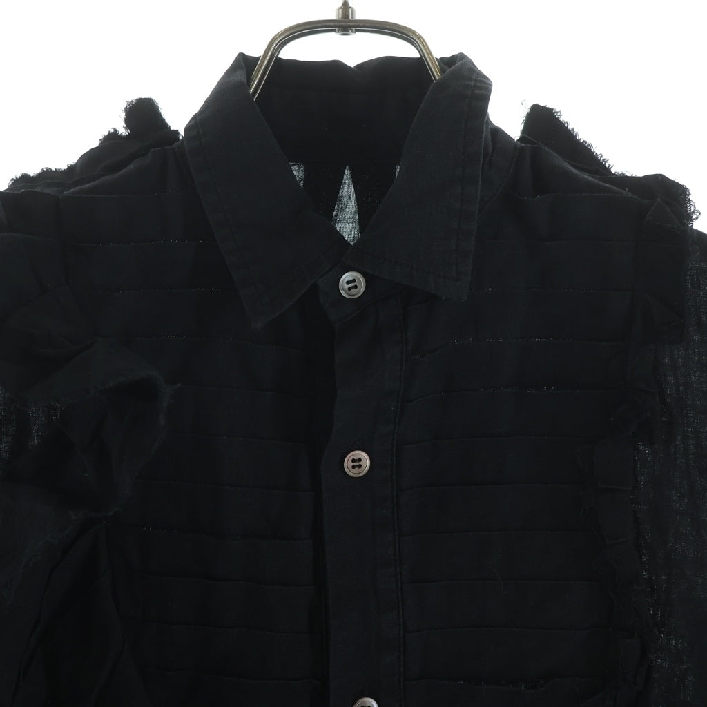 Yohji Yamamoto(ヨウジヤマモト) アシンメトリーフリル プリーツ コットン リネン 長袖シャツ ブラック FB-B07-046 レディース