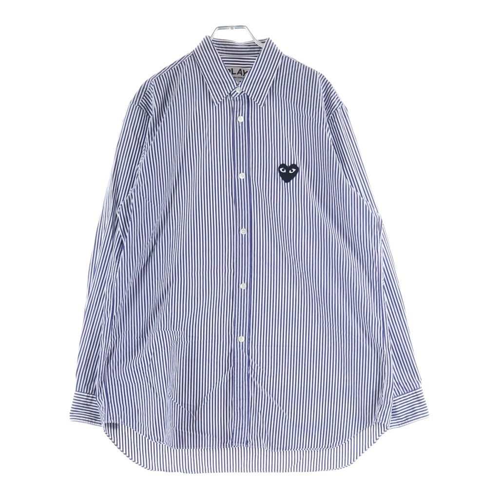 PLAY COMME des GARCONS(プレイコムデギャルソン) ハートロゴ刺繍 コットン ストライプ 長袖シャツ ネイビー/ホワイト AZ-B008 AD2019/8