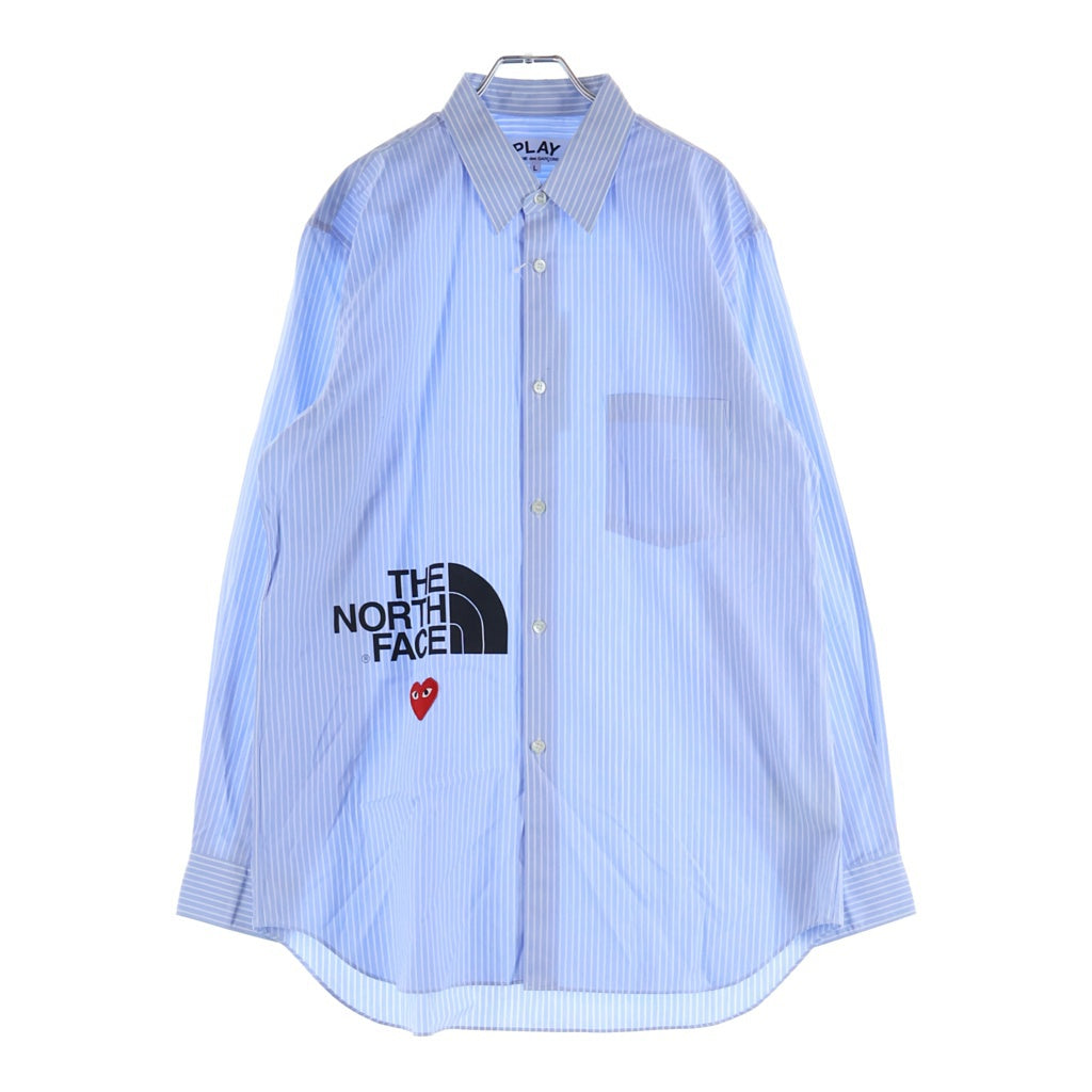 PLAY COMME des GARCONS(プレイコムデギャルソン) ×ノースフェイス ロゴプリント ストライプ 長袖シャツ ブルー AE-B202 AD2020