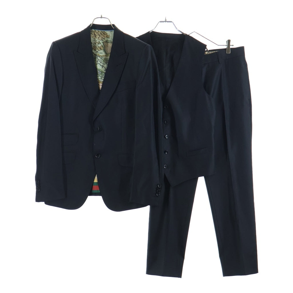 GUCCI(グッチ) ウール ピークドラペル 2B テーラードジャケット スラックスパンツ ジレベスト 3ピース セットアップ スーツ ブラック