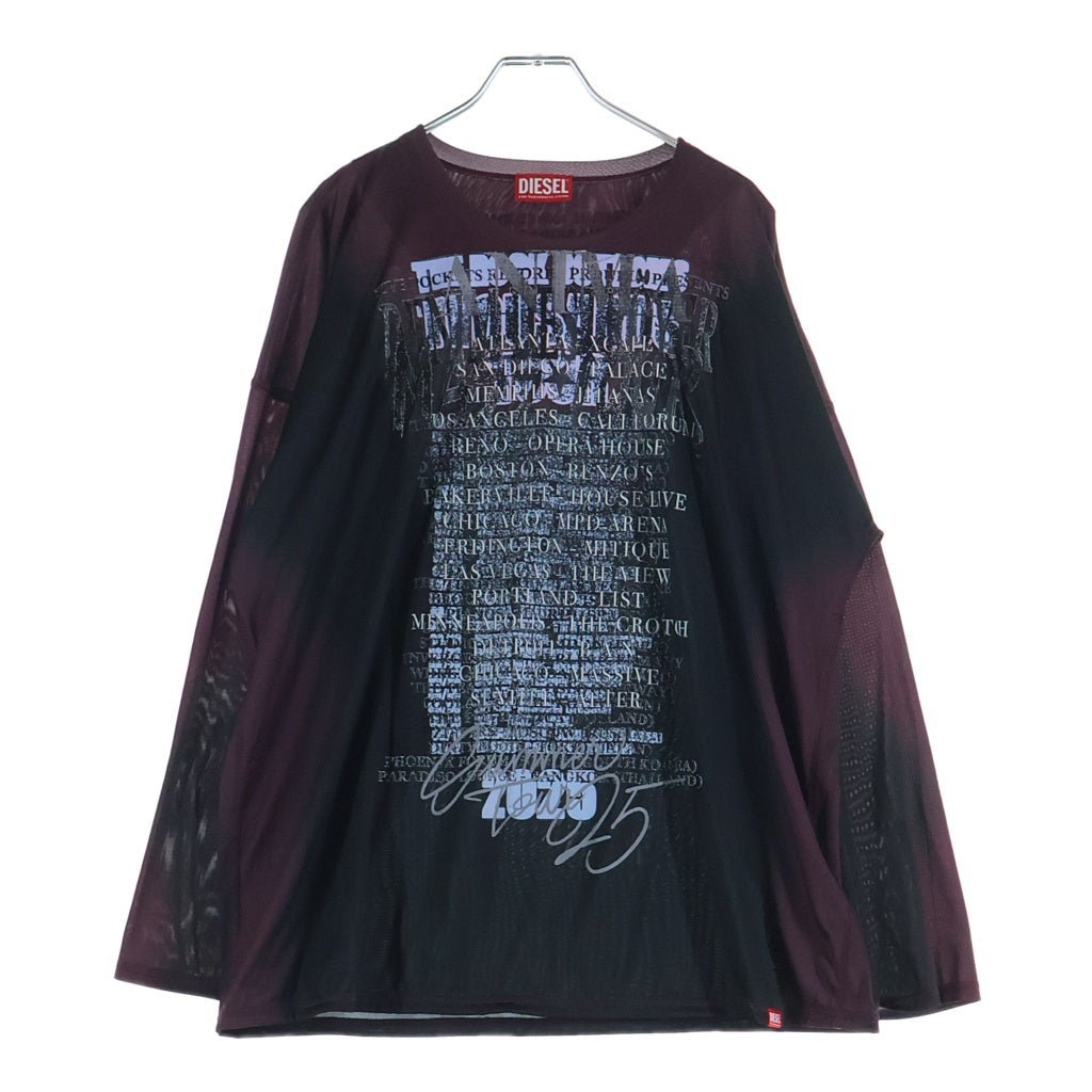 DIESEL(ディーゼル) T-OLAVI-AA テクニカルファブリック フロントプリント 長袖Tシャツカットソー ブラック/ボルドー A19721