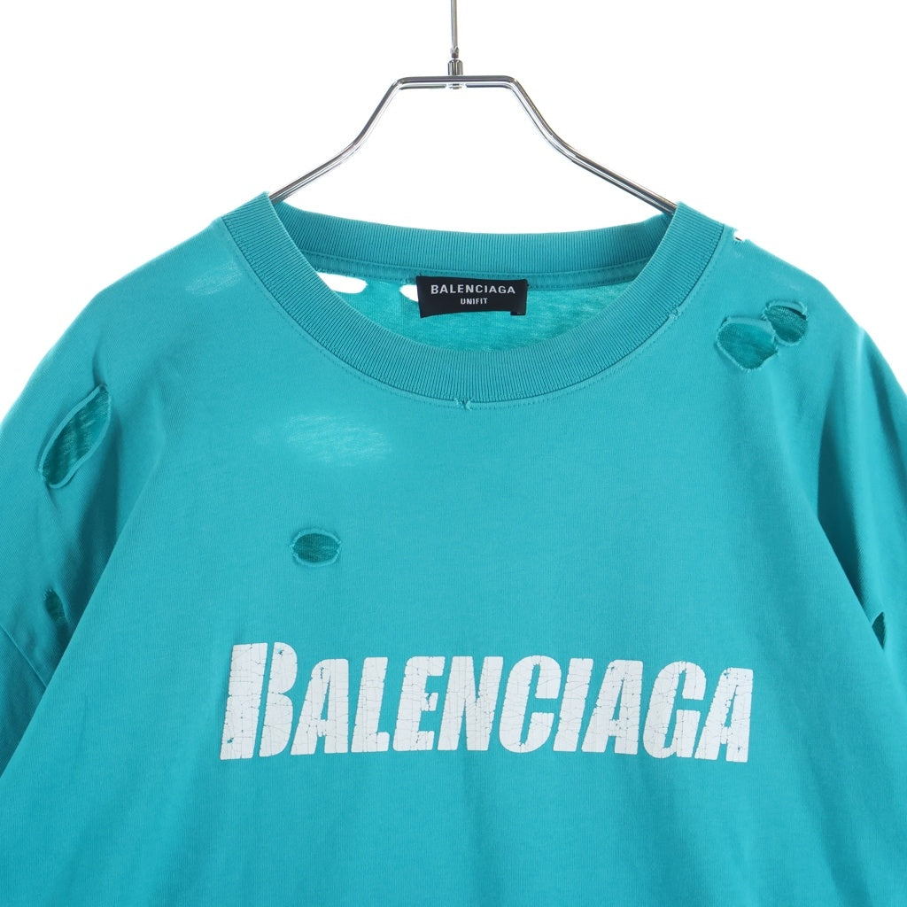 BALENCIAGA(バレンシアガ) 21SS デストロイ加工 ロゴプリント 半袖Tシャツ カットソー ライトブルー 651795